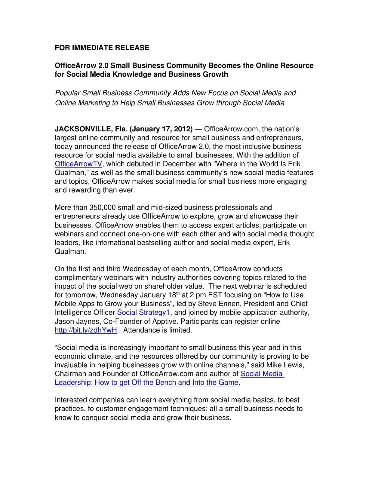 OfficeArrow 2.0 Social Knowledge press release