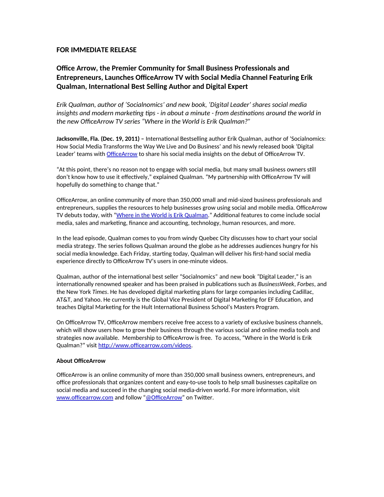 OfficeArrow TV press release